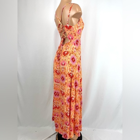 Kaos Jeans NEW Womens Sz 8 Orange Red Print 100% Viscose Maxi Dress Strappy Back - Picture 8 of 15